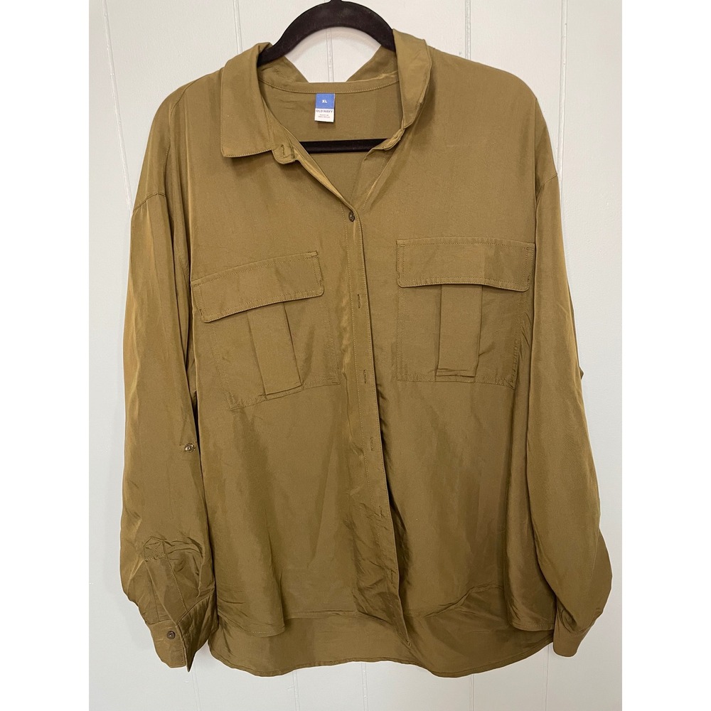 Old Navy Button Up Shirt Womens XL Olive Green Excellent Tab Sleeve Pocket